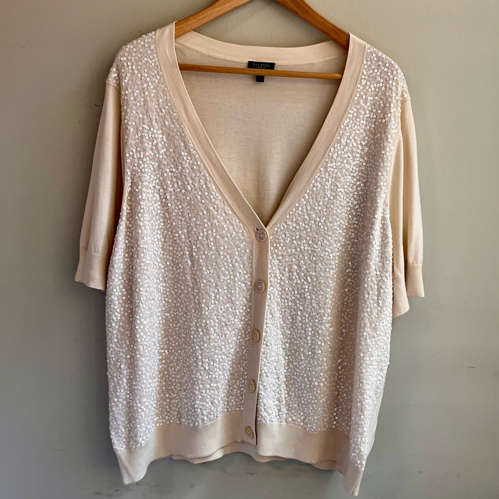 Talbots Cream Sequin Knit Cardigan Top 3X